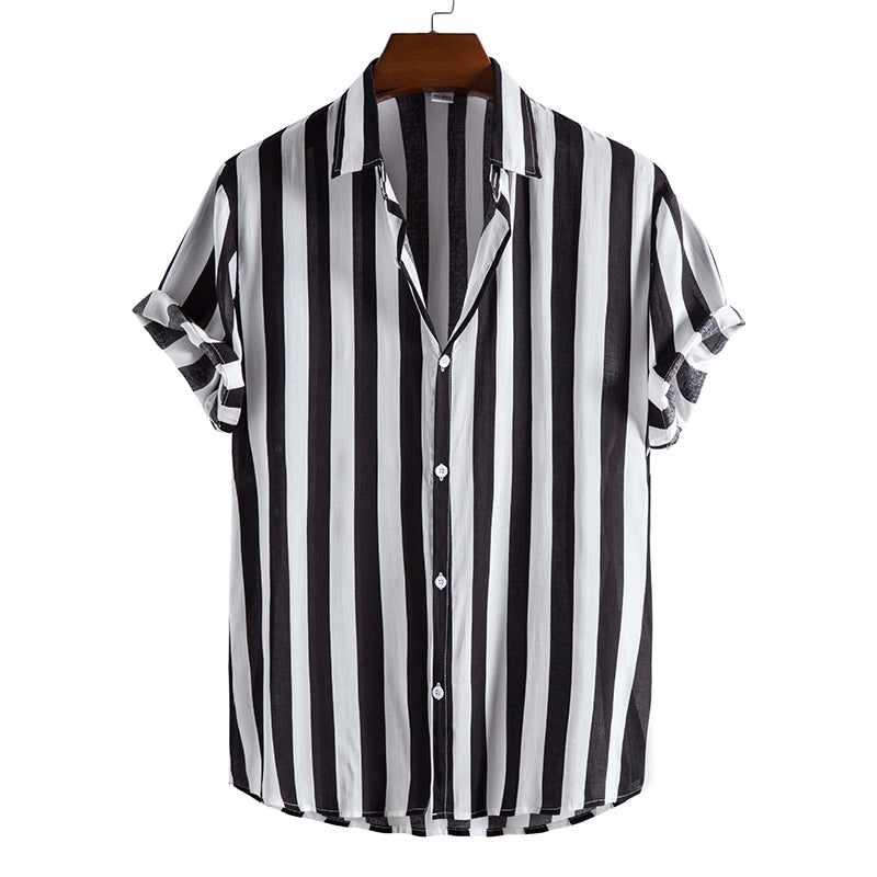 Literary White Vertical Stripes Fashion Casual Men's Bowling Shirt