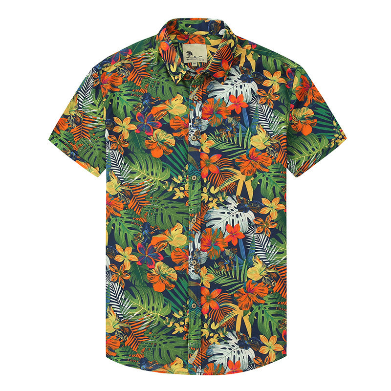 Fashion Hawaiian Navy Blue Flower Leaves Print Beach Men's Bowling Shirt