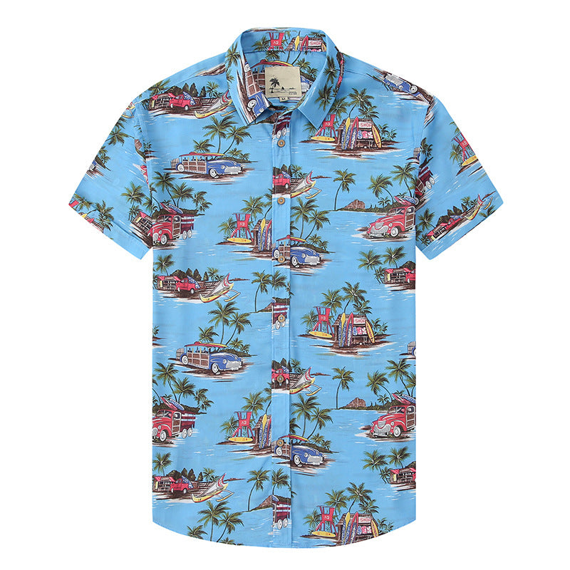 Fashion Hawaiian Car Under Coconut Tree Print Beach Men's Bowling Shirt