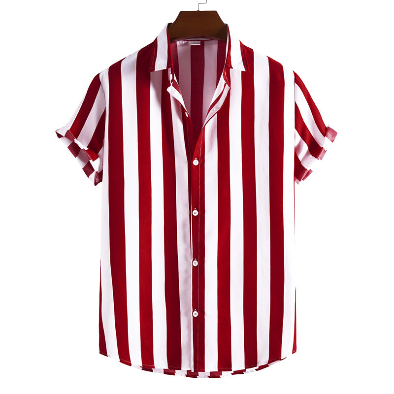 Literary Wine Red Vertical Stripes Fashion Casual Men's Bowling Shirt