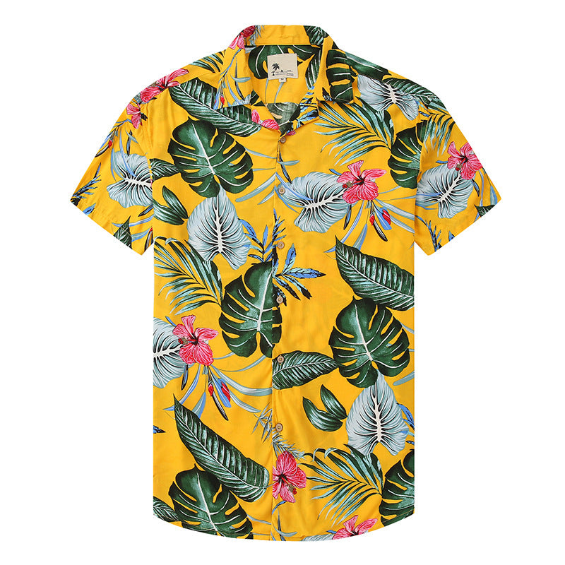 Fashion Hawaiian Green Leaf Red Flower With Yellow Print Beach Men's Bowling Shirt