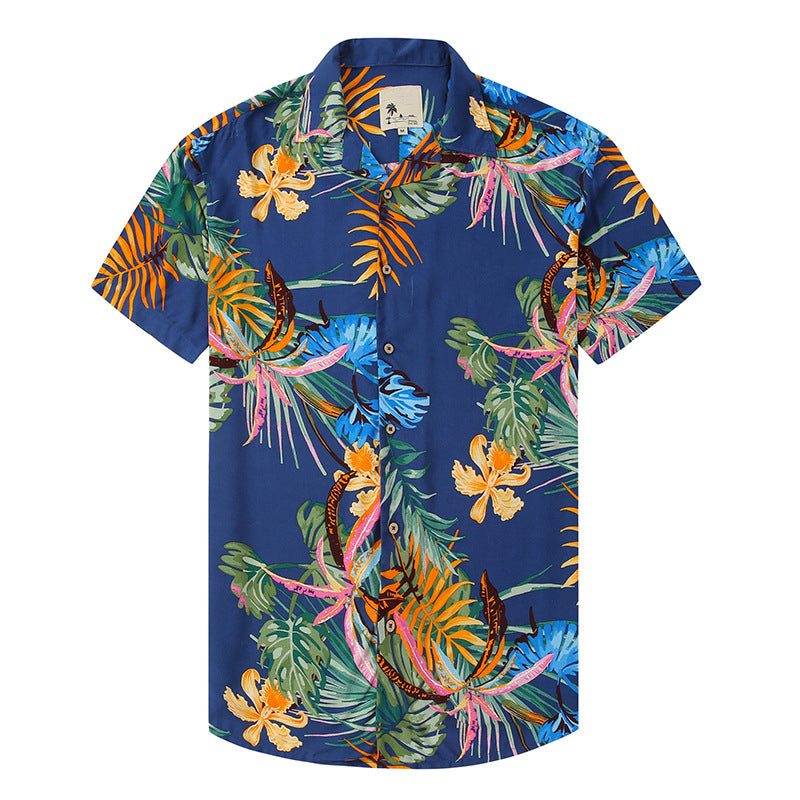 Fashion Hawaiian Flowers And Leaves Navy Blue Print Beach Men's Bowling Shirt