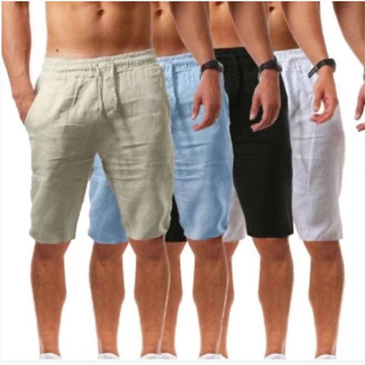 Summer Men's Linen Solid Color Drawstring Shorts Beach Shorts