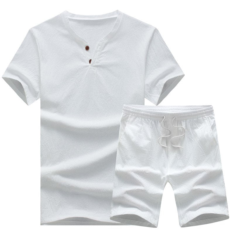 Plus-sized Solid Color Cotton Linen T-shirts+Shorts Sets For Men