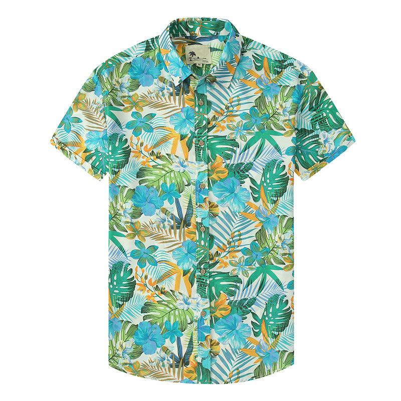 Fashion Hawaiian Green Leaf Yellow Flower Print Beach Men's Bowling Shirt